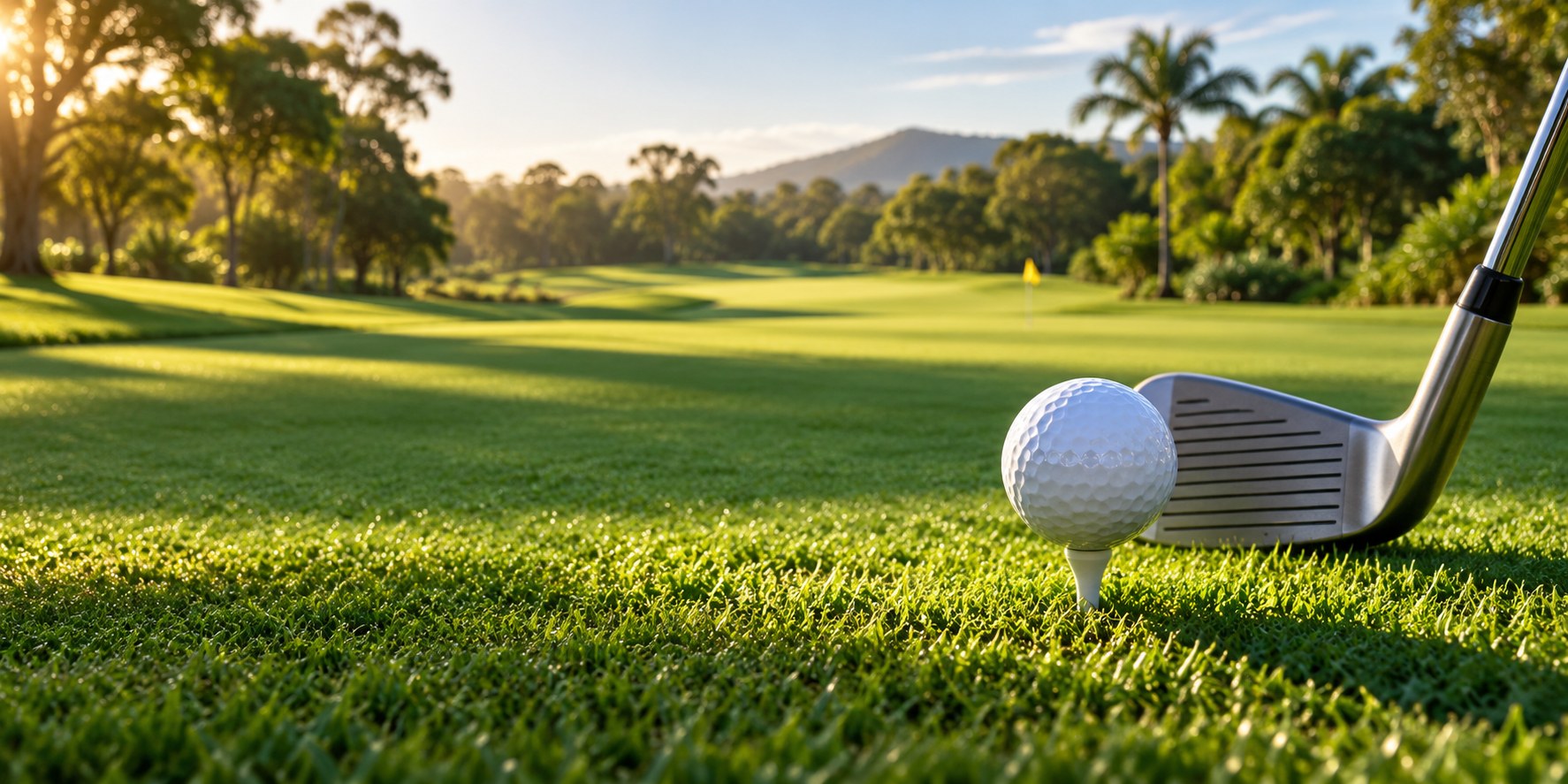 Golf ball and club on a sunlit practice field